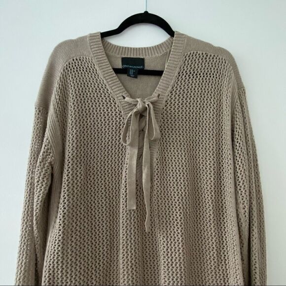 Cynthia Rowley Tan Lace Up Open Knit Sweater Size XL - Picture 3 of 10